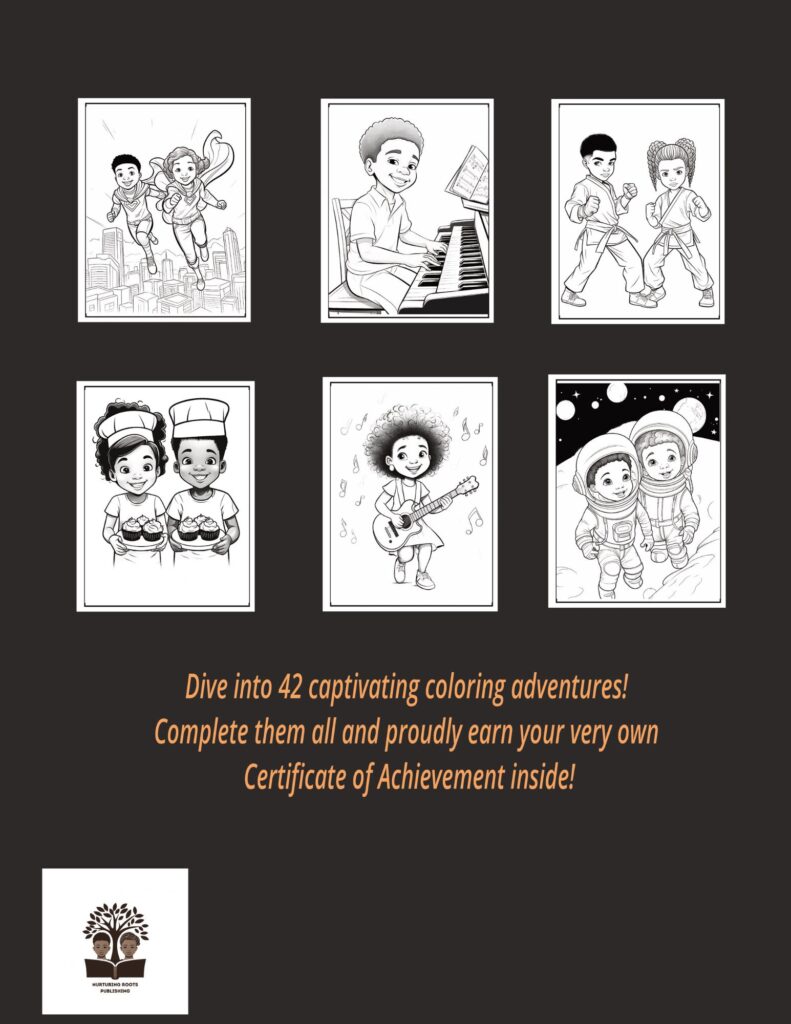 Back Cover image of 'Black Girls & Black Boys Adventure Coloring Book', featuring vibrant illustrations of children engaging in various activities, from reading and playing musical instruments to outdoor adventures, celebrating the diversity and joy of black childhood.