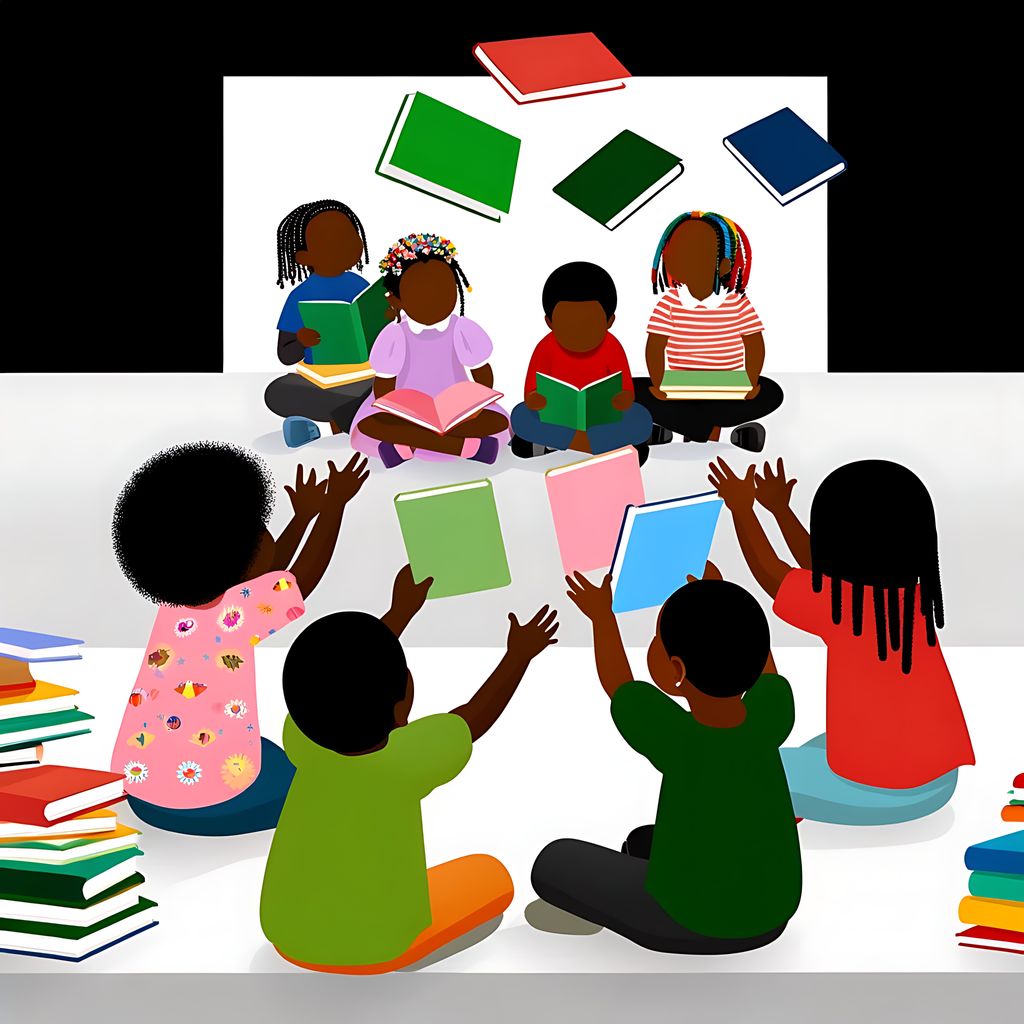 Children of various black backgrounds engaging with books that reflect their cultures, symbolizing the importance of representation in children's literature