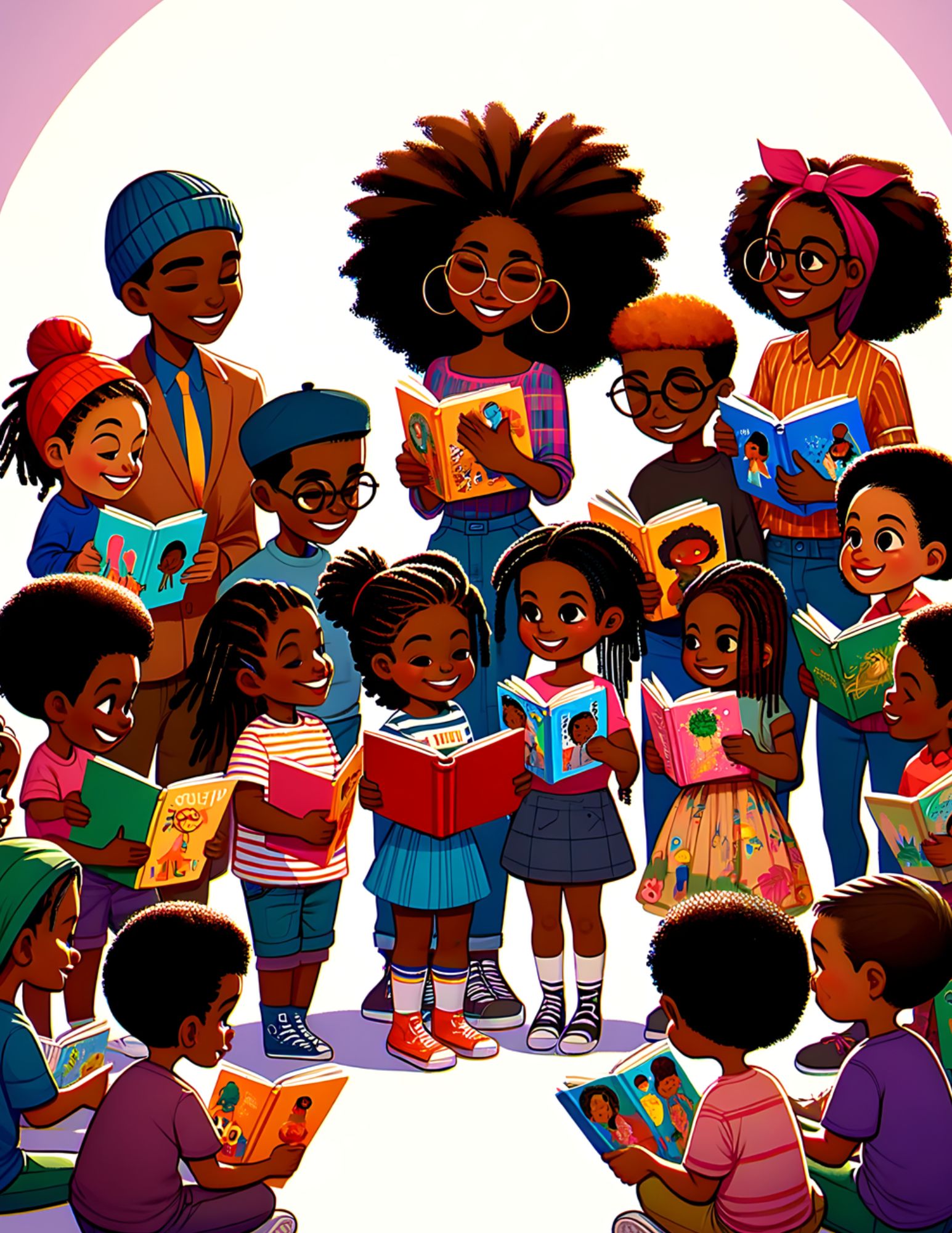 A group of diverse black children and parents reading together, symbolising the joy of discovery through reading.