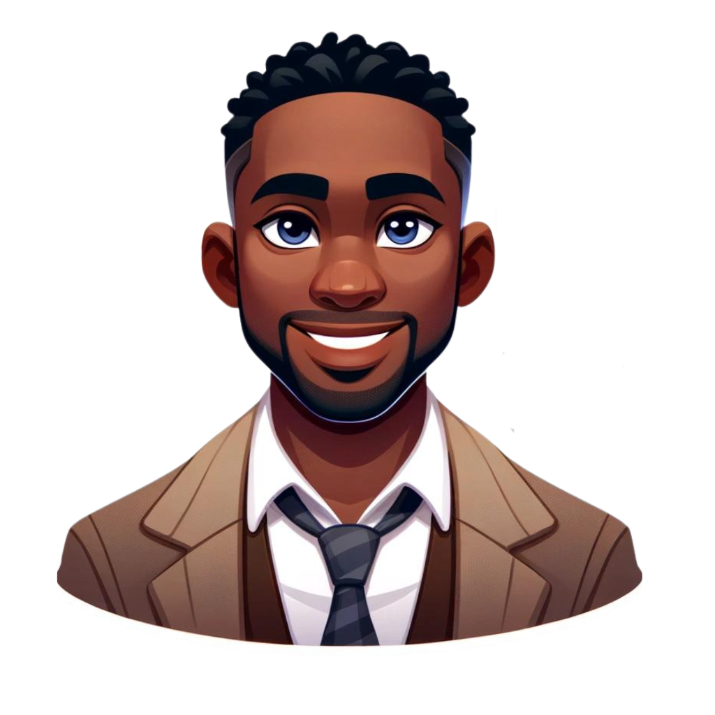 Portrait of Eugene Asante, founder of Nurturing Roots Publishing, depicted in a Pixar-inspired 2D vector cartoon style. Eugene is shown as a fit, handsome man in his 30s with a friendly and professional demeanor, embodying a sense of warmth and leadership. The image features subtle cultural elements to celebrate his Ghanaian heritage, set against a clean white background to complement the website's design.